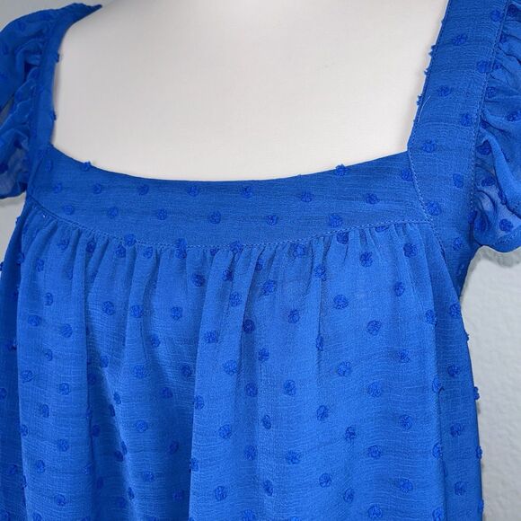 Kori Los Angeles Women's Square Neck Blue Top Puff Sleeve Swiss Dot Texture M - Picture 3 of 8